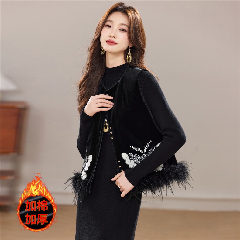 冬季新款加棉新中式圆领真毛马甲洋气显瘦气质款两件套裙女,女装套装/套裙,宝儿家