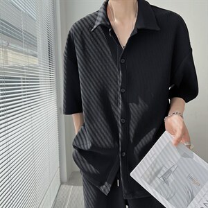 轻熟风高弹垂感冰丝翻领衬衣男生穿搭时尚套装TZ24/P90特控145，男装衬衫，电商A243