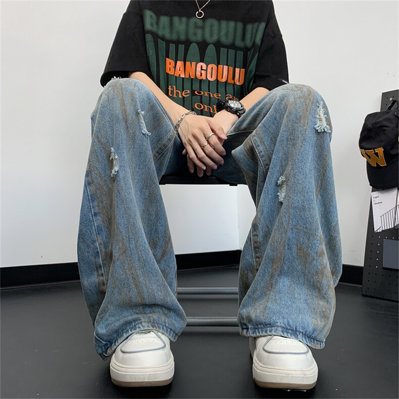 港风夏款男牛仔裤破洞脏脏裤喷漆直筒宽松长裤NK36P48,男装牛仔裤,星座1013-1