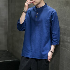 夏季风棉麻男装大码纯色短袖t恤男复古上衣QT6008-1/T064-P45图片