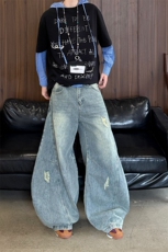 破洞廓形弯刀牛仔裤男女夏薄款美式高街镰刀阔腿长裤子YD9007-P75，男装牛仔裤，星座509