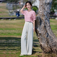 2025夏装法式通勤洋气圆领衬衣气质垂感直筒百搭阔腿裤两件套，女装套装/套裙，时尚俏佳人