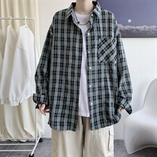 21秋新款港风ins长袖格子衬衫学生衬衣小清新外套男中性H210/P45