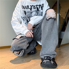 破洞牛仔裤男欧美vibe风痞帅直筒长裤美式高街ins复古裤子Y16/P45，男装牛仔裤，星座506