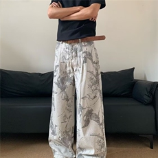 春秋新款黑灰色烫钻牛仔裤男款美式高街宽松满天星2025阔腿直筒裤，男装牛仔裤，星座506A