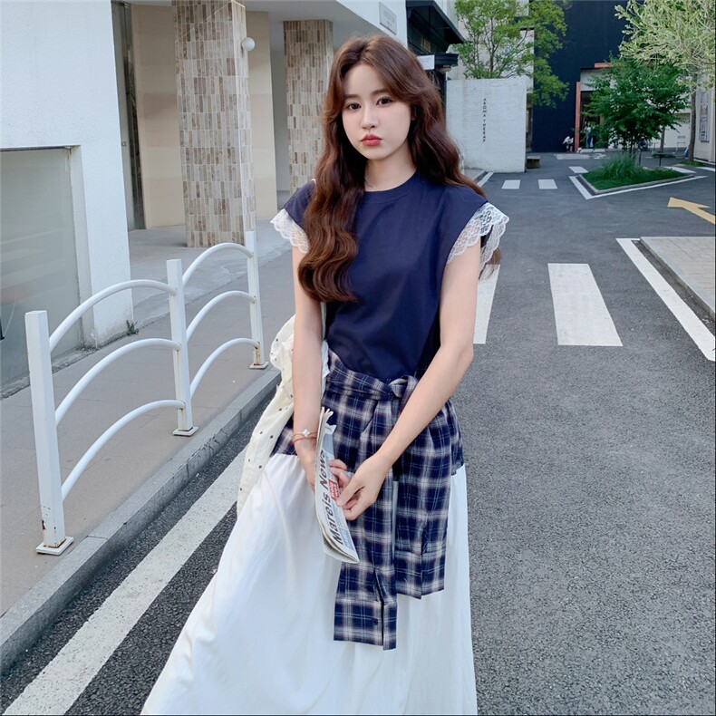 设计感撞色拼接小飞袖连衣裙女2025夏季新款韩系休闲绑带显瘦长裙,女装连衣裙,1C130