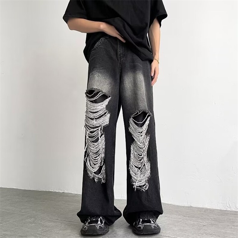 破洞牛仔裤男美式高街猫须设计感复古痞帅高级感阔腿裤K8848-P50，男装牛仔裤，星座1109-1