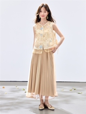 夏季新款现货！2026新中式重工洋气百搭款马甲+百褶半裙两件套女，女装套装/套裙，央宝儿