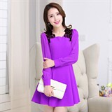 时尚显瘦蕾丝拼接长袖连衣裙优雅气质修身A字裙，女装连衣裙，蓝诺裳