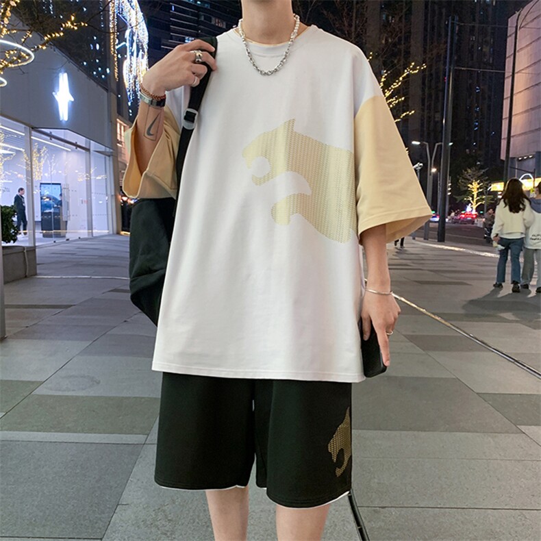 夏季新款短袖T恤港风套装青少年纯棉潮流两件套男装DF317P65控89,男装休闲套装,电商A086