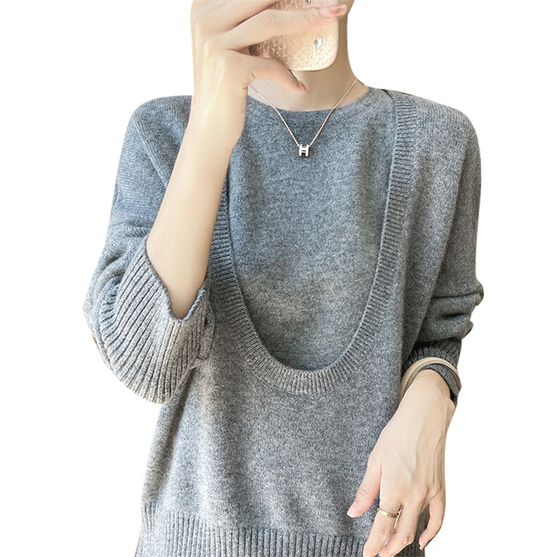秋冬季羊毛休闲设计感时尚个性大U形罩衫背心两件套,女装羊毛衫,鸿陌羊绒