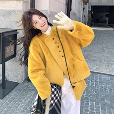 姜黄色仿水貂绒皮毛一体环保羊羔毛外套女冬季2025新款短款上衣，女装短外套，2C090
