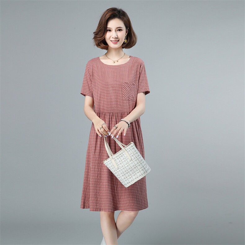 2021年夏季中长款通勤韩版a字裙宽松连衣裙套头圆领短袖格子裙,女装连衣裙,伊满意