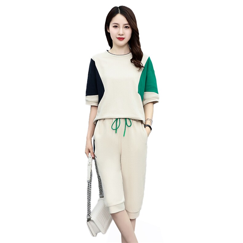 休闲运动女装季新款2025韩版时尚短袖五分裤拼接洋气潮,女装运动套装,凯瑟曼