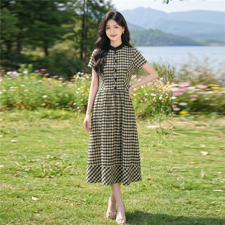弹力面料学院风格纹连衣裙女春夏收腰显瘦中长裙格子裙子，女装连衣裙，水衣源