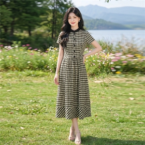 弹力面料学院风格纹连衣裙女春夏收腰显瘦中长裙格子裙子