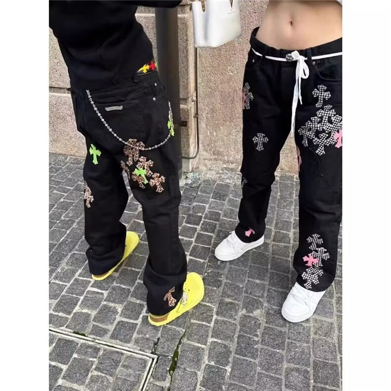 重工高定十字架拼皮斑马纹粉皮高街工装牛仔裤男女款宽松直筒长裤,男装皮裤,星座506A