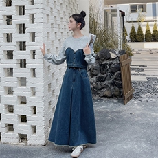 【新品首-发】秋季新品韩系简约甜美拼接牛仔套装2386-P165-K218，女装套装/套裙，浙宝285（原212）