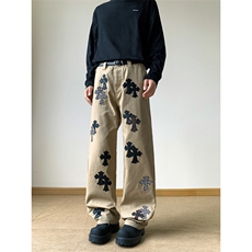 克罗风格美式高街十字贴皮男女同款宽松牛仔裤N7340-P70，男装皮裤，星座308B-2