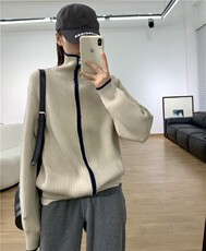 设计感小众高领拉链上衣慵懒风宽松别致针织开衫毛衣外套女秋季，女装针织衫/毛衣，雪真羊绒