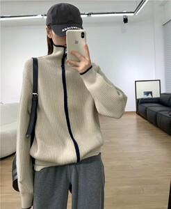 设计感小众高领拉链上衣慵懒风宽松别致针织开衫毛衣外套女秋季图片