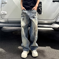 美式潮牌做旧扎染牛仔裤男高街痞帅设计感直筒阔腿长裤L21277-P50，男装牛仔裤，星座1008