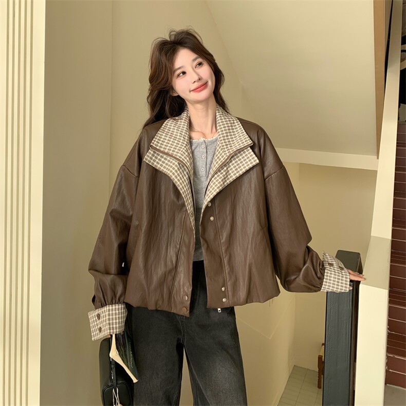 新品格子拼接皮衣外套2C117-1832P165K268,女装短外套,2C117
