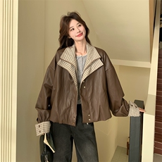 新品格子拼接皮衣外套2C117-1832P165K268，女装短外套，2C117