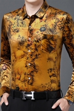 男士长袖金丝绒衬衫真口袋花衬衫衣春秋中年宽松弹力，男装衬衫，钱塘6003（原4033）
