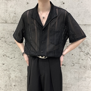 夏季大码薄款复古透气感镂空蕾丝古巴领衬衫休闲男女中性防晒短袖图片
