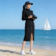 个性简约时尚连衣裙女春季新款时髦显瘦纯色拉链长袖中长款卫衣裙，女装套装/套裙，江南
