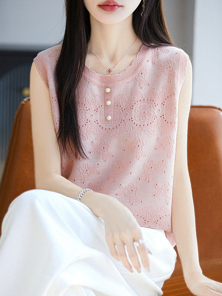 其他2025年夏季娃娃领无袖背心外穿百搭圆领显瘦洋气打底上衣女,女装T恤,暖圣羊羊绒