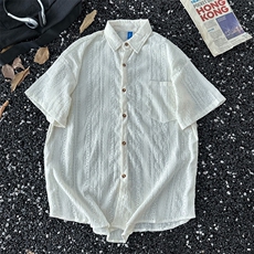 夏款男短袖衬衫冰丝镂空丝绸图案纹路五分袖衬衣CS231P38，男装T恤，星座1013-1
