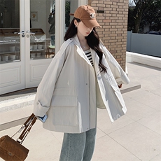 白色工装风衣外套女2025春季新款韩系高级感抽绳收腰休闲立领上衣，女装短外套，2C206