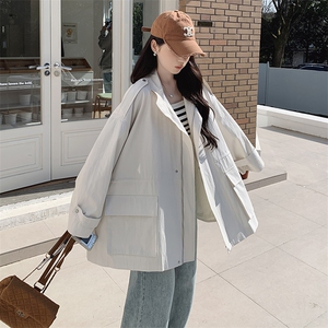 白色工装风衣外套女2025春季新款韩系高级感抽绳收腰休闲立领上衣图片