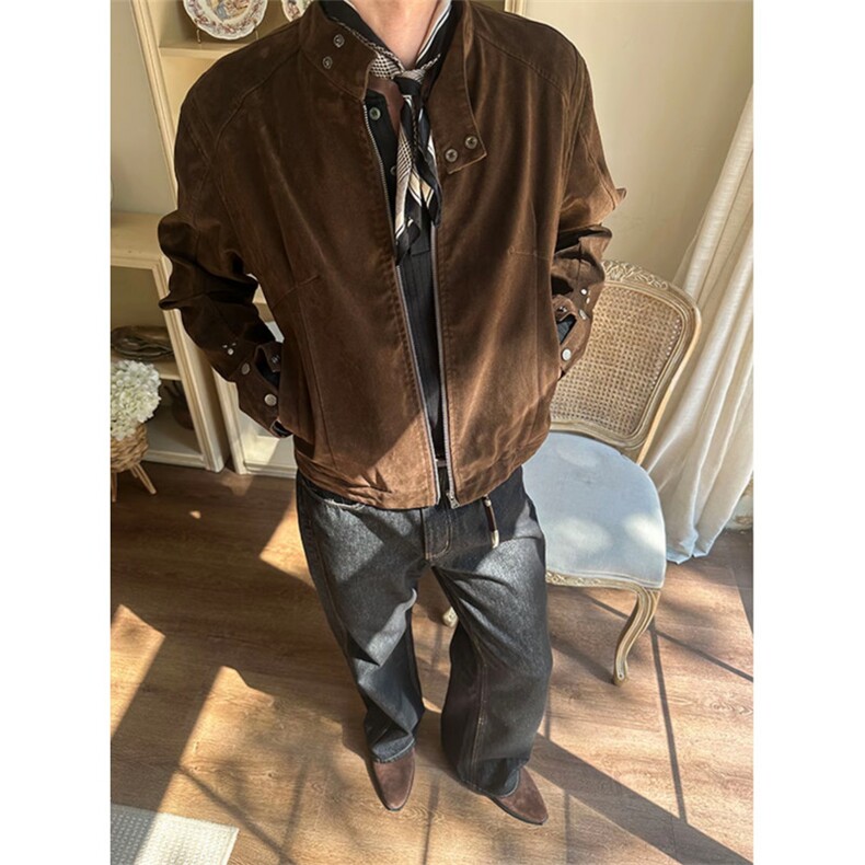 JK718-尺码M-3XL-P65-X135-复古绒皮工艺立领哈灵顿夹克外套,男装夹克,星座1811B