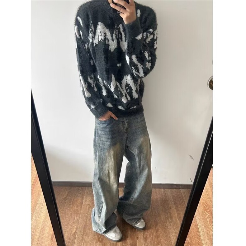 YTM108-P602025秋冬新款小众拼接百搭毛衣针织衫美式复古提花,男装针织衫/毛衣,电商B323A