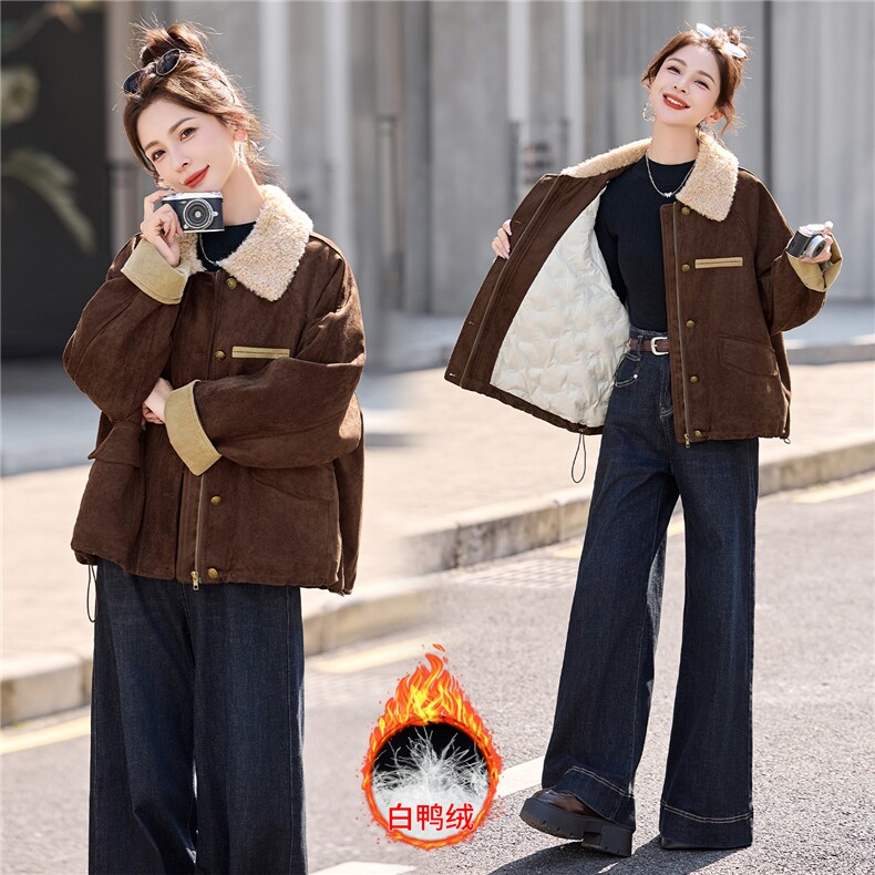 巴恩风羊羔毛翻领麂皮绒白鸭绒羽绒服，女装羽绒服，采品优优