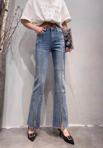Simple.简希2021重工钻下摆开叉牛仔裤，女装牛仔裤，simple简希