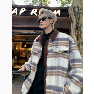 F638P75小香风毛呢格子外套夹克衫翻领潮长袖拉链厚款外穿图片