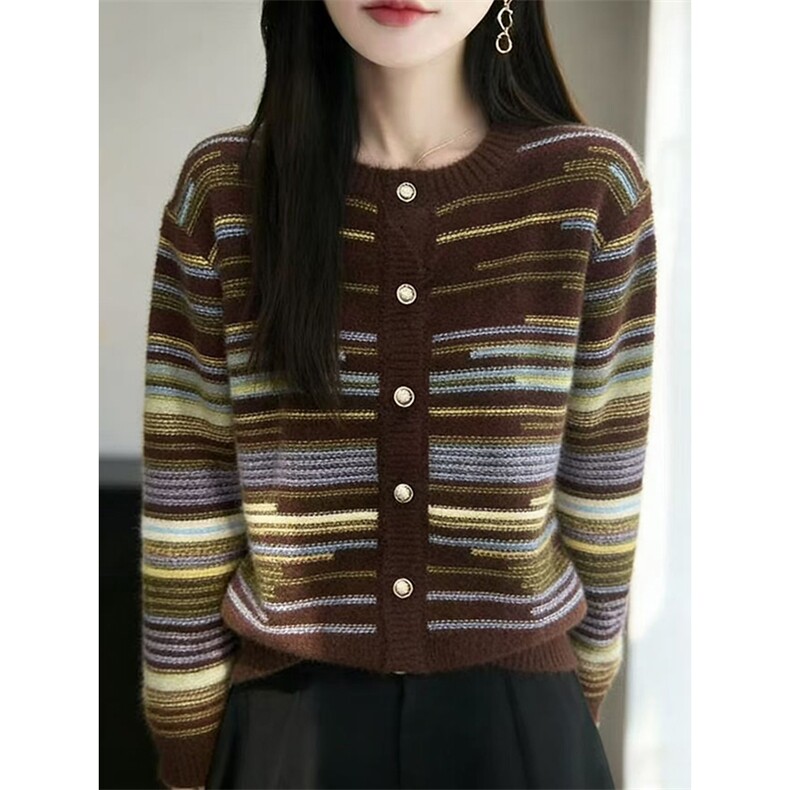 2026年秋季时尚百搭通勤简约休闲条纹圆领开衫，女装针织衫/毛衣，暖姿羊绒
