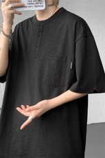 8XL-M亨利领亚麻短袖t恤男弹力大码宽松半袖开衩设计体恤DT002P45，男装T恤，电商B312