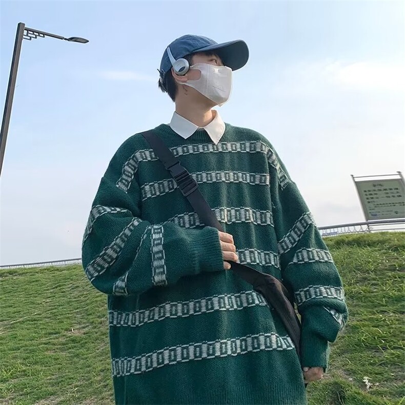 秋冬高街ins宽松圆领针织衫设计感潮牌条纹毛衣男上衣M1070-P35,男装针织衫/毛衣,星座512-2