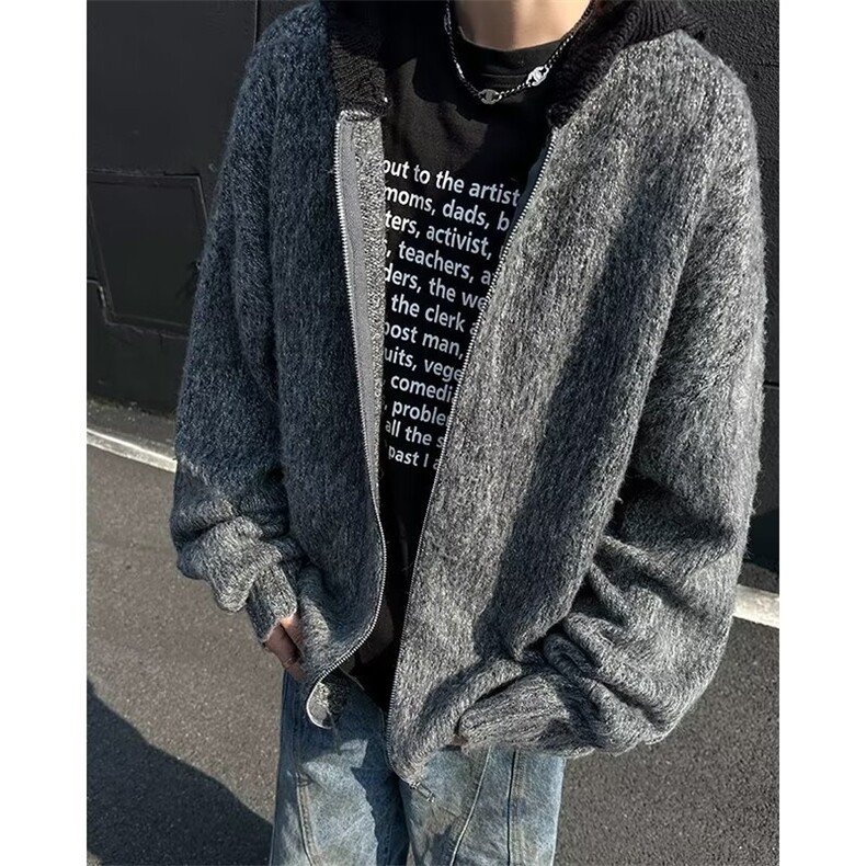 美式复古重磅宽松开衫毛衣海马毛外套男撞色连帽高街针织衫X056，男装针织衫/毛衣，星座506