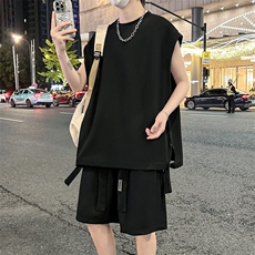 短袖男夏季套装2025新款运动坎肩飘带无袖t恤男A436-D229-P65，男装T恤，电商A436