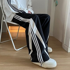 潮牌三条杠撞色运动休闲裤男秋冬直筒美式抽绳阔腿束脚裤K94-P39，男装休闲裤，星座1001-1