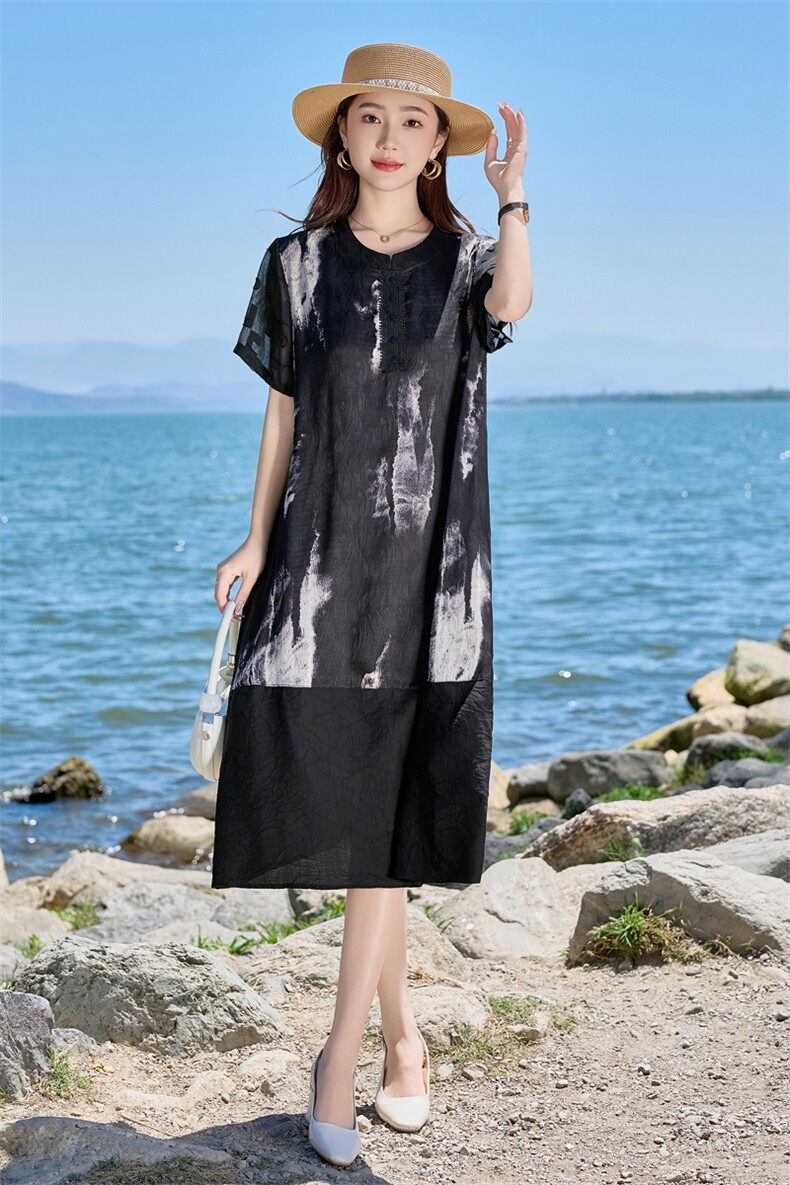 宽松连衣裙女2025夏季新款遮肚子显瘦气质高级感洋气复古天丝裙子,女装连衣裙,缘衣格