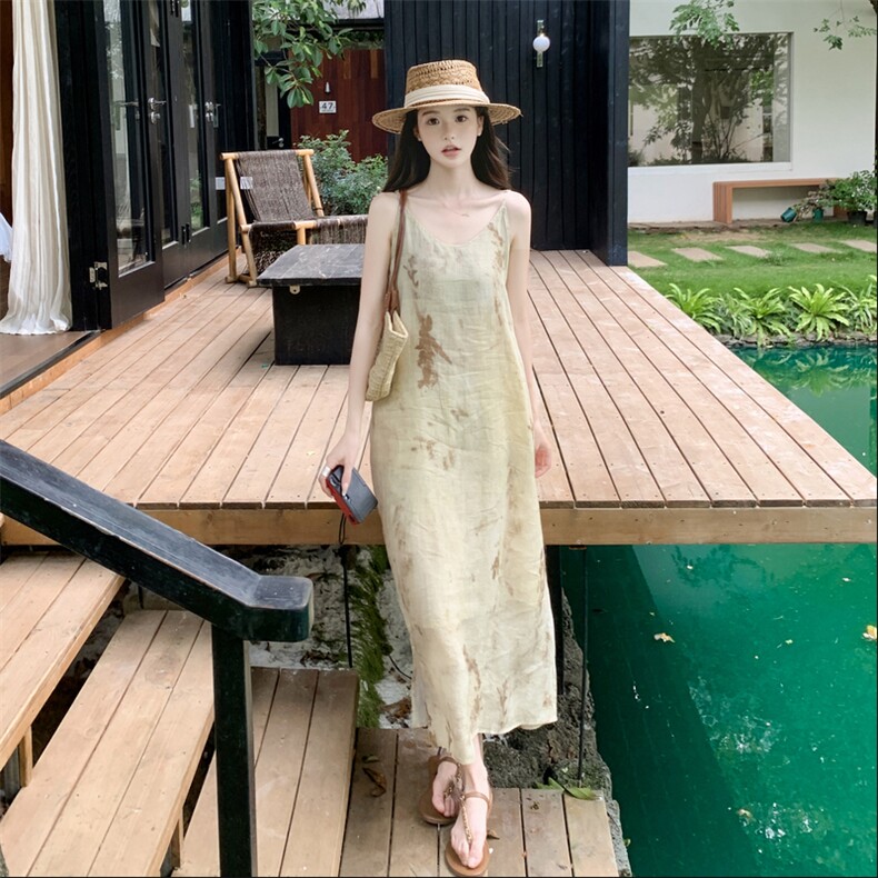 现货主推亚麻波西米亚风沙滩吊带连衣裙p135-k185，女装套装/套裙，丝露怡语