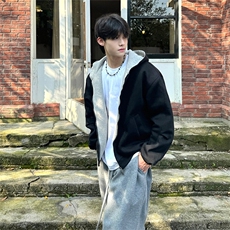 双色拼接大廓形美式重磅开衫卫衣男连帽宽松高级感外套WY64-P57，女装短外套，星座208-5