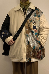 1港风室内刺绣拼接翻领羊羔毛大码M-5XL棉衣外套男8723P110控148图片